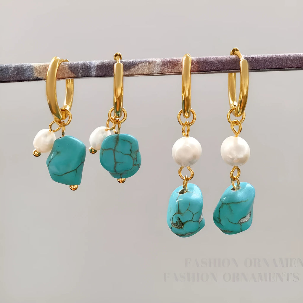 Copper geometric earrings with irregular turquoise stones and cultured pearls in dangle and clip styles