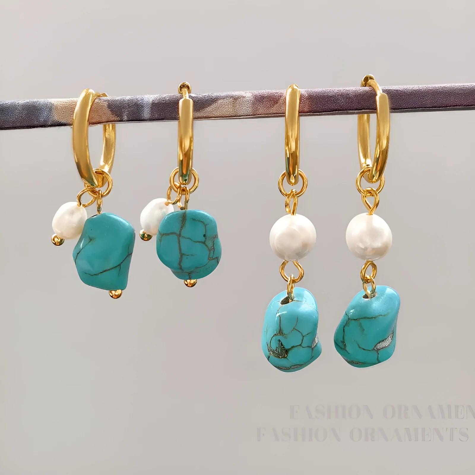 Copper geometric earrings with irregular turquoise stones and cultured pearls in dangle and clip styles