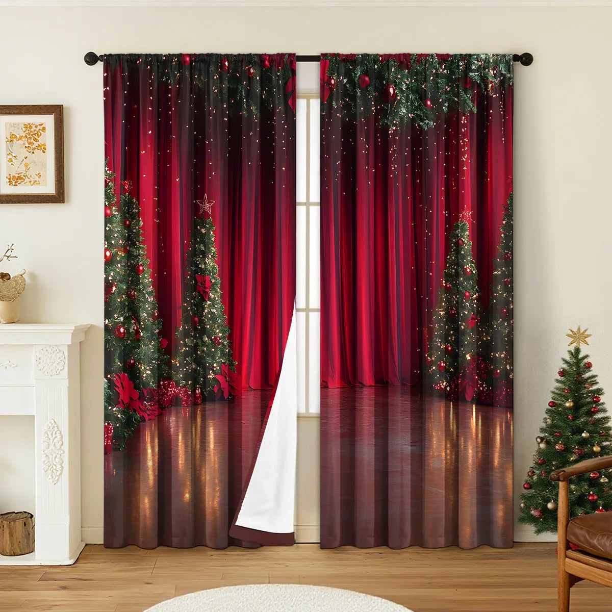 Pair of 3D digitally printed Christmas style curtains with European patterns on polyester fabric