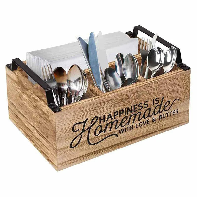 Large wooden kitchen storage box with internal grid divider for organising tableware.