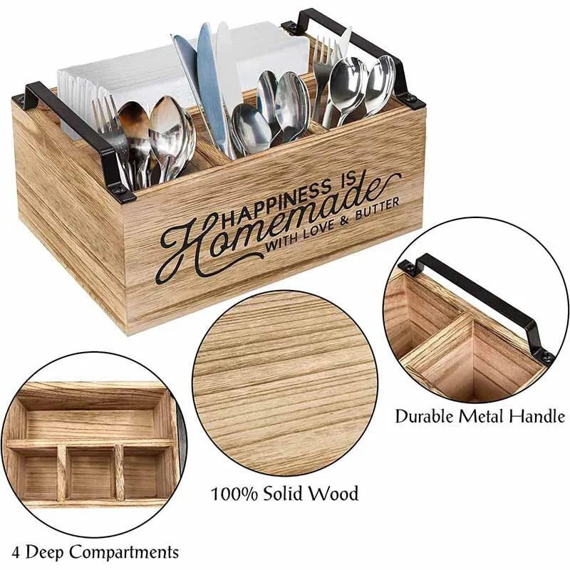 Large wooden kitchen storage box with internal grid divider for organising tableware.