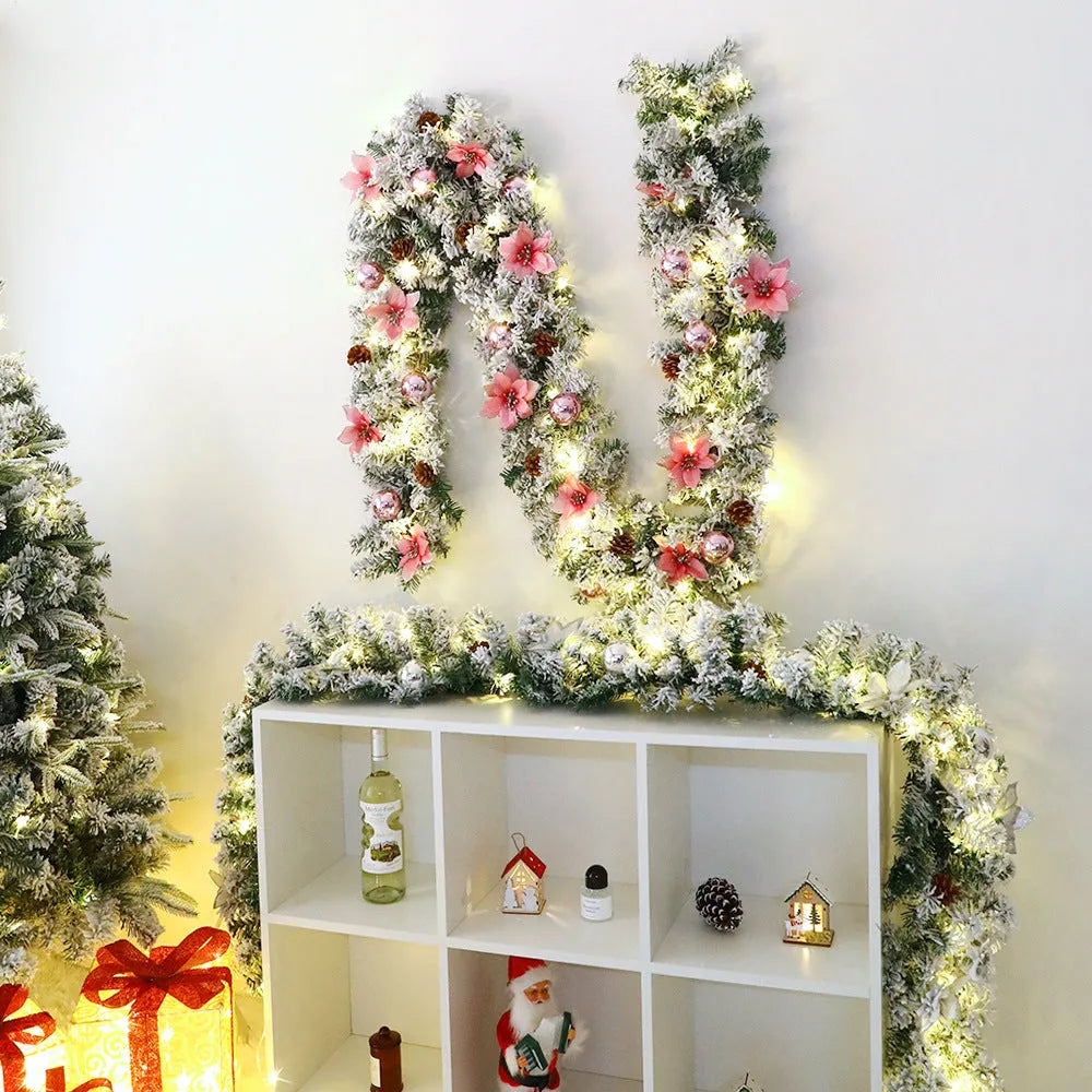Flocked PVC Christmas rattan garland with 240 colourful heads draped over a mantelpiece