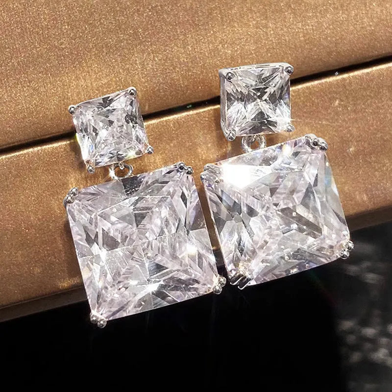 Geometric square design copper earrings with quadrilateral ornament details in white gold or gold colour