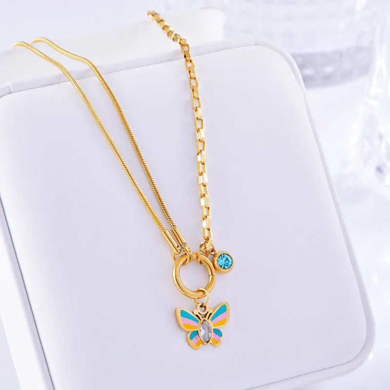 Gold titanium steel butterfly necklace and bracelet jewellery set with snake bones chain