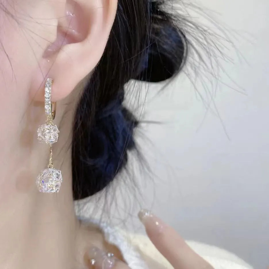 Women's silver colour drop shape copper earrings with confession balloon and rhinestone ball double pendant design