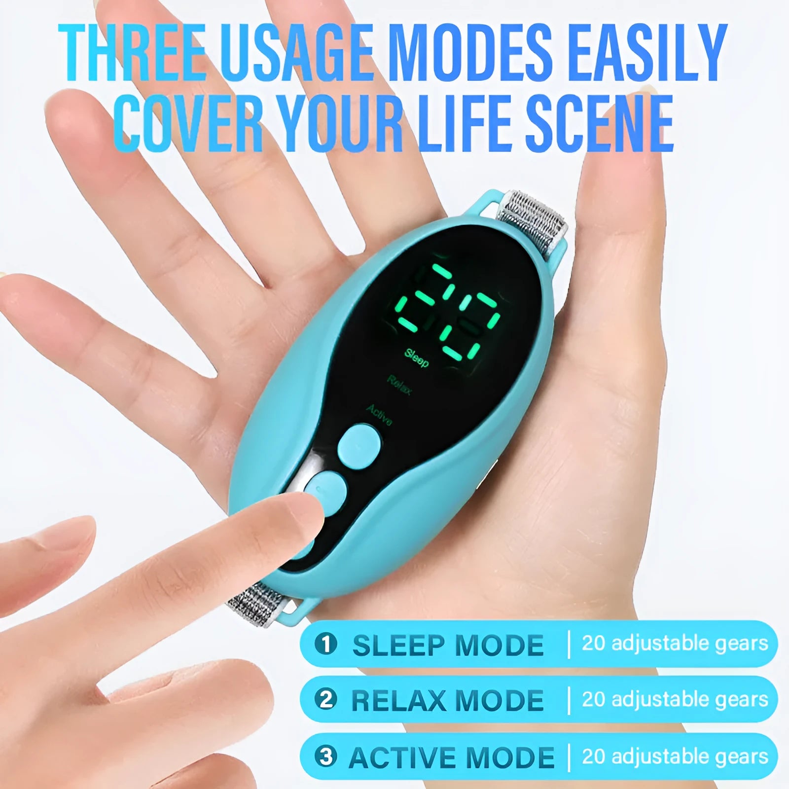 Intelligent sleeping aid instrument in white and blue, compact USB rechargeable with timer and adjustable fan