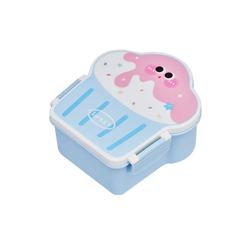 Pink and blue creative ice cream shaped plastic lunch box with spoon and fork on a table.