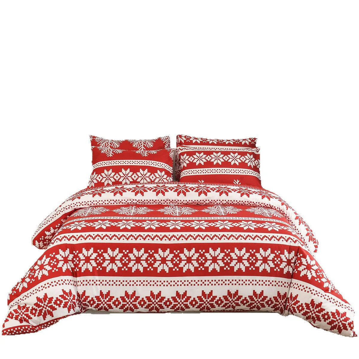 Winter Sleepers pattern three-piece bedding set in red on a bed