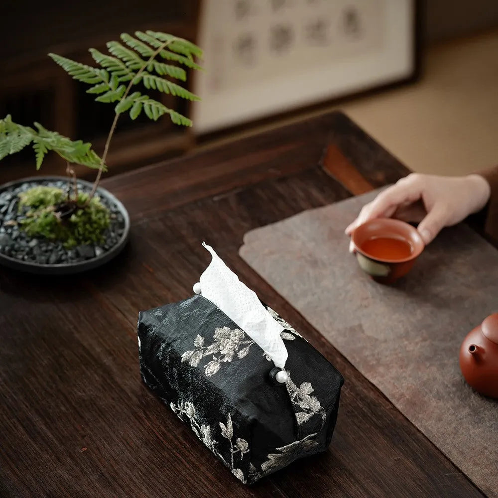 New Chinese style brocade fabric tissue box with embroidered white plum pattern, measuring 17x6.5x10cm