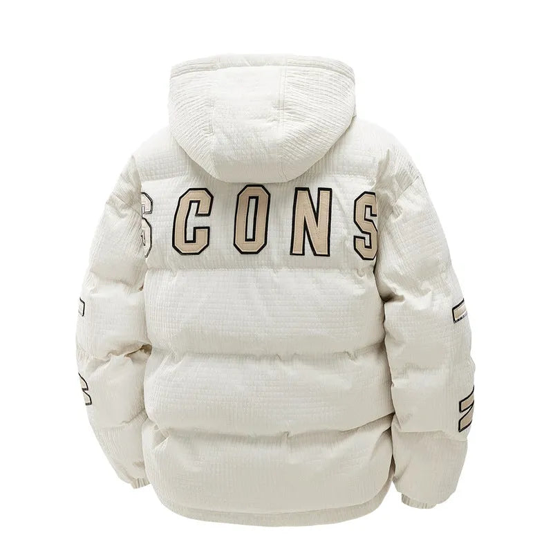 Men's black hooded padded winter coat with letter print and side pockets, shown in a Korean style cardigan fit.