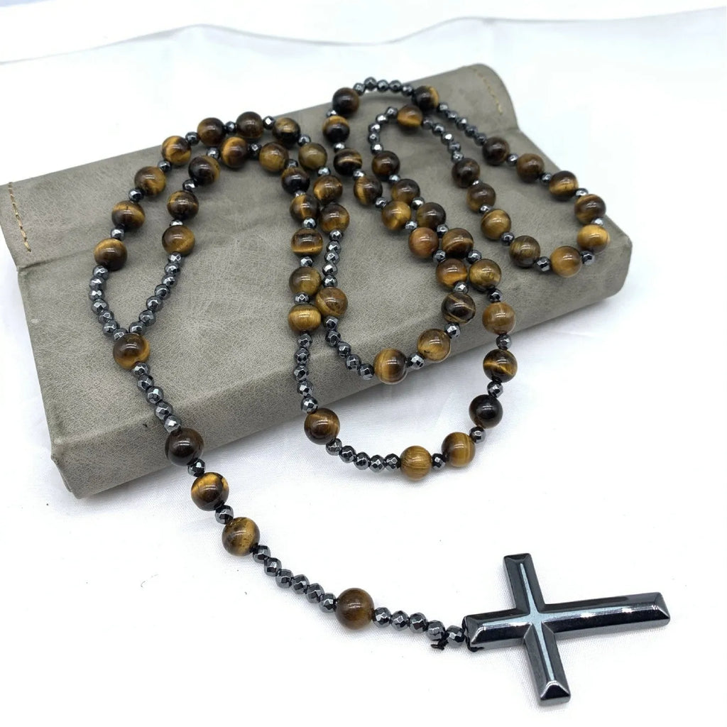 Men's hand-woven stone cross pendant necklace with ball bead chain 80cm unisex geometric design