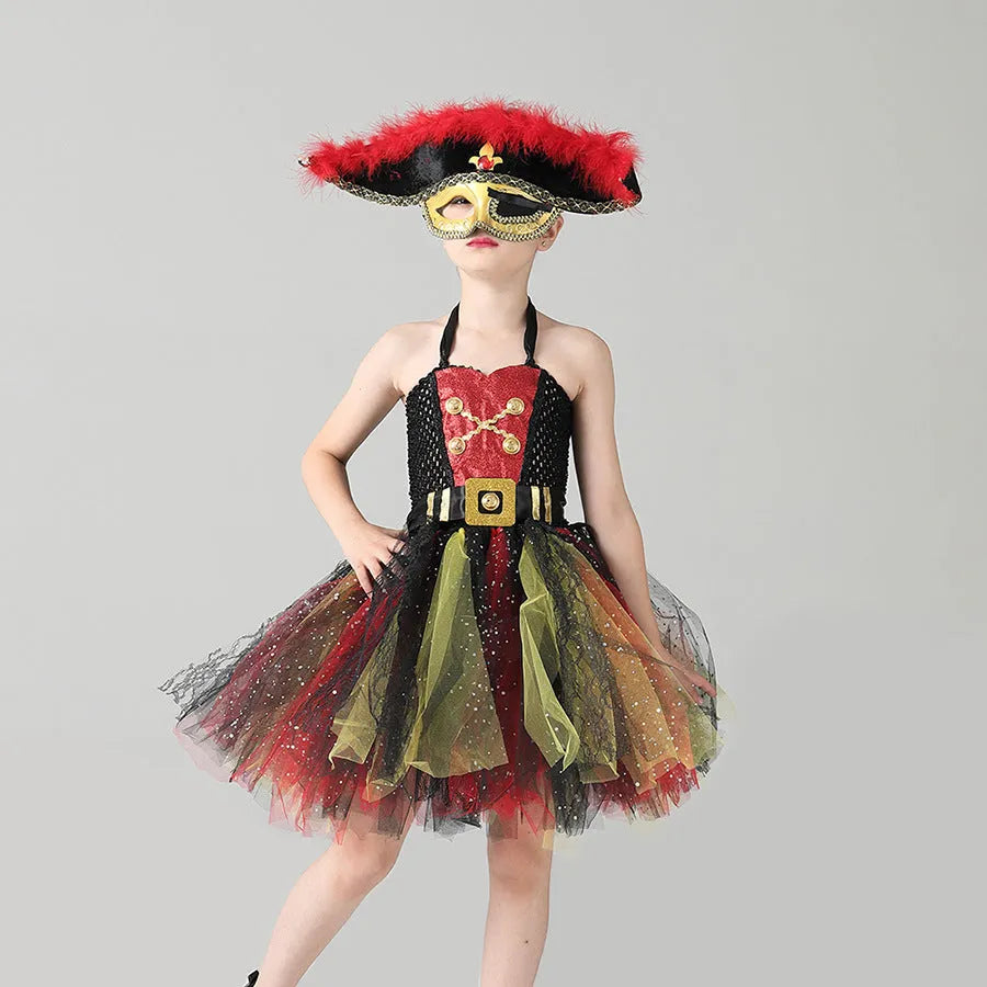 Girls sleeveless pirate costume dress with sequin gauze and lace trim for Halloween