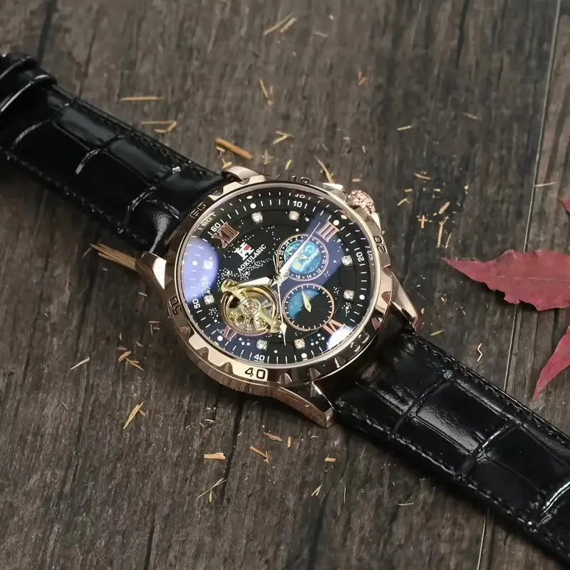 Men's automatic mechanical watch with black dial, rose gold shell, transparent case back and genuine leather strap