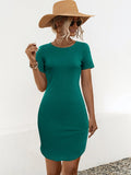 Women's solid colour short sleeve dress with U-shaped split detail in cotton blend fabric
