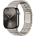 Stainless steel Apple Watch strap with magnetic buckle in silver colour.
