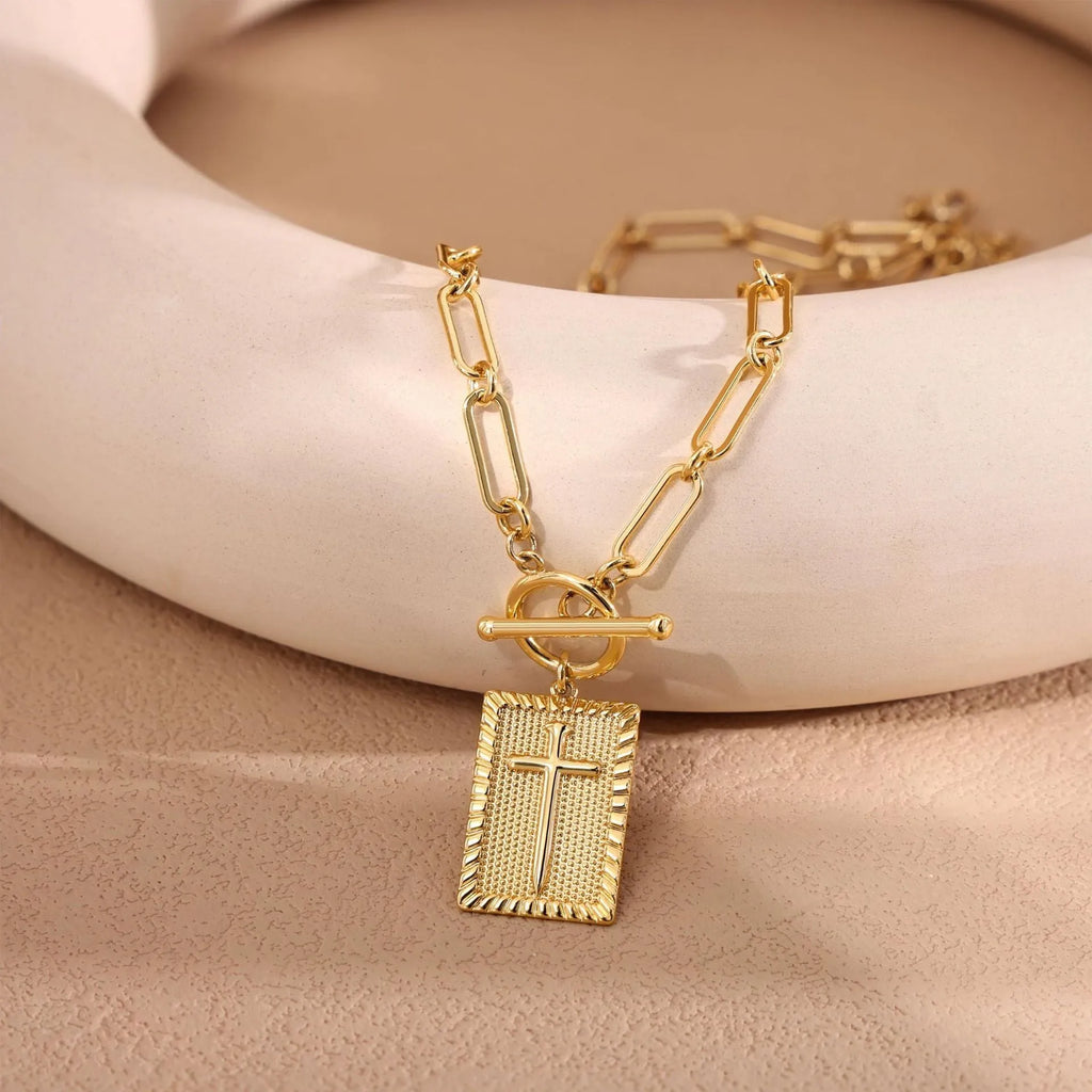 Gold clip cross square pendant necklace on clip chain stainless steel electroplated finish