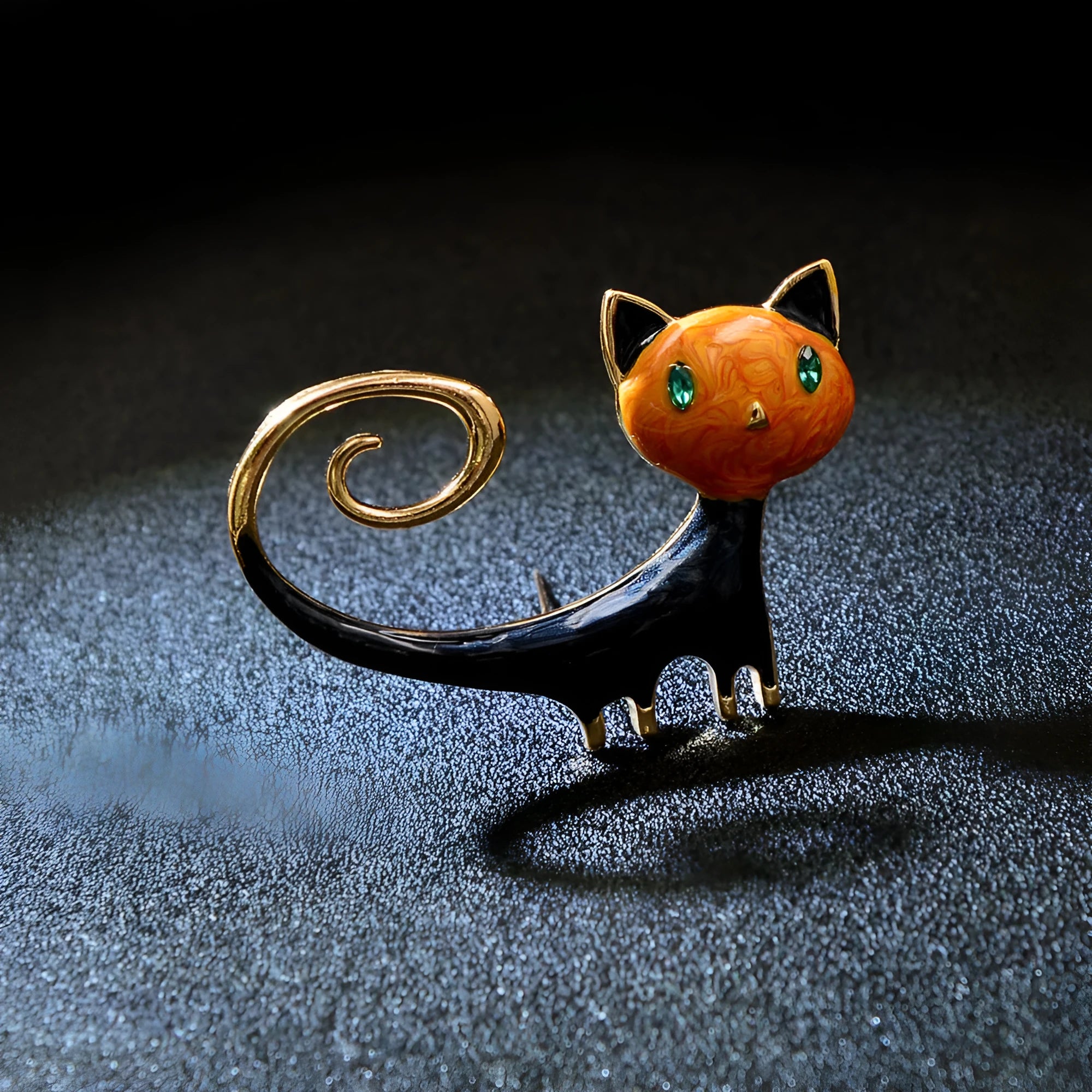 Women's alloy cat brooch with a hand-painted tail, shown in white and orange colour options.