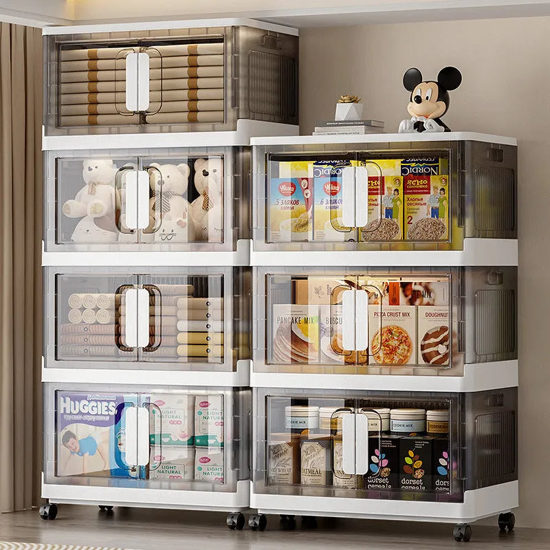 Foldable white storage locker with wheels showing multiple tiers for household organisation