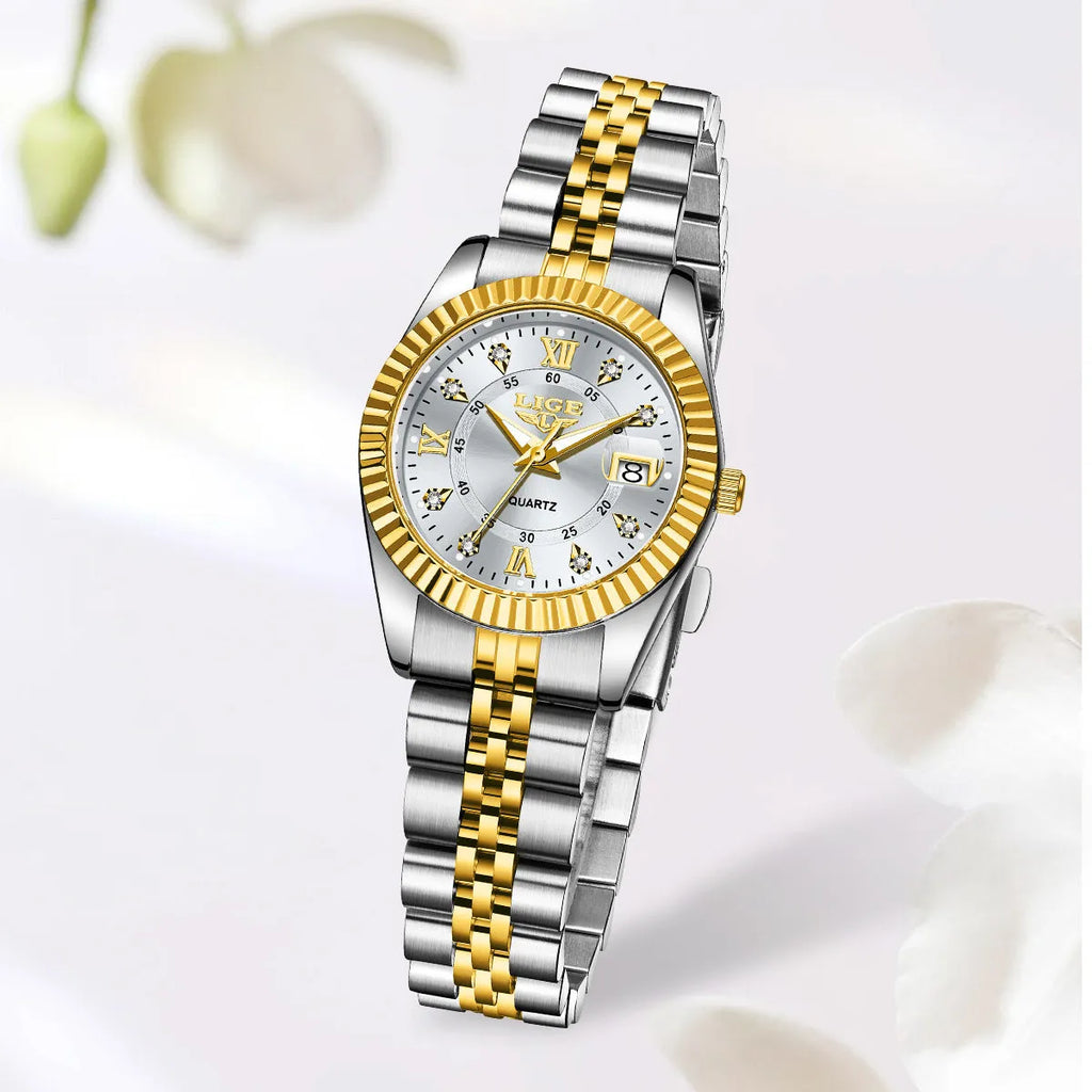 Slim 10mm waterproof women's fashion quartz watch showing gold and silver colour options.