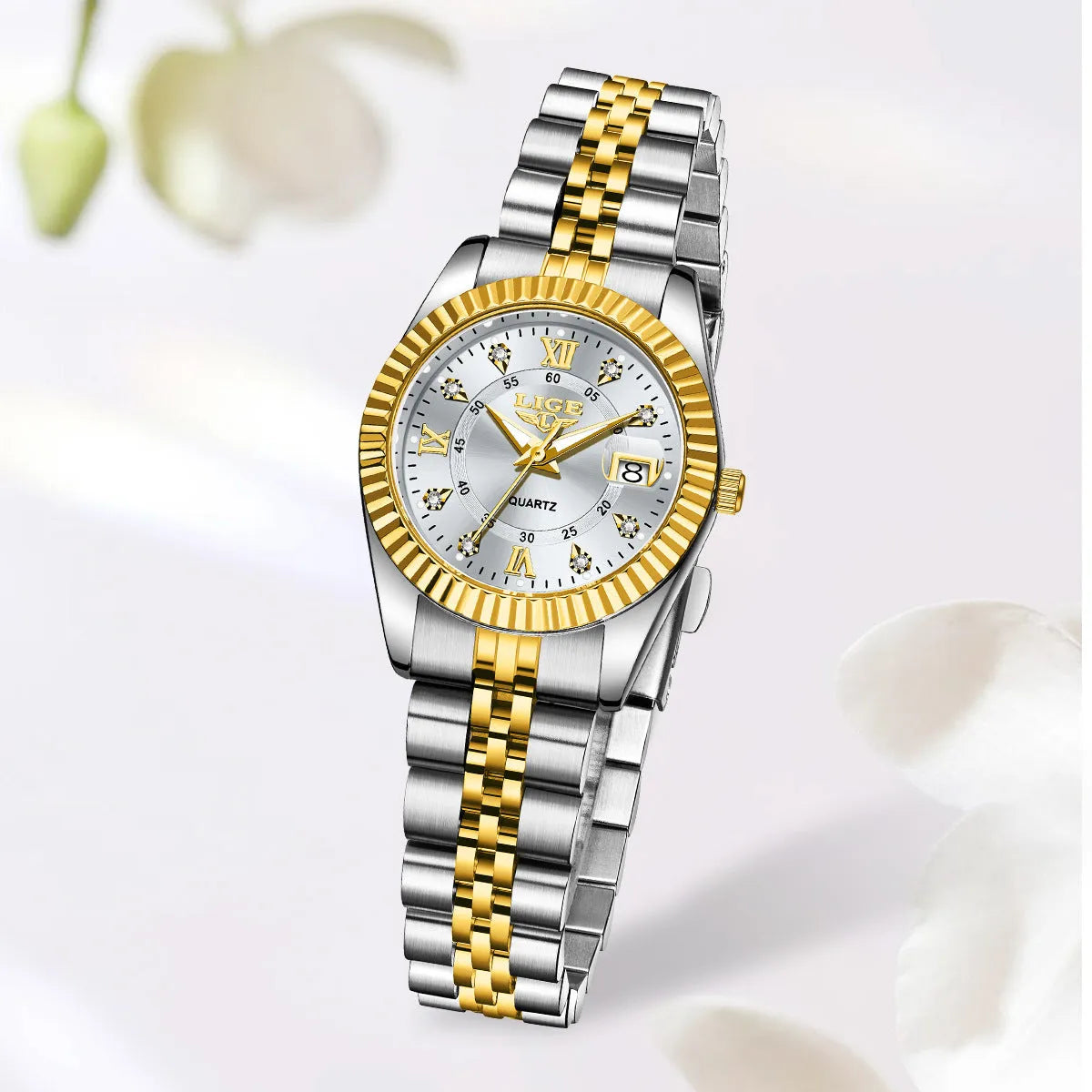 Slim 10mm waterproof women's fashion quartz watch showing gold and silver colour options.