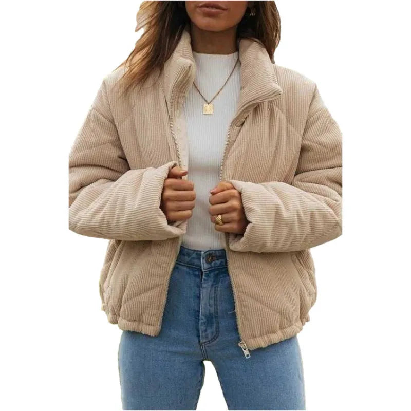 Apricot corduroy womens jacket with stand collar and full-length zipper in street fashion style