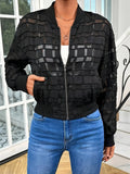 Black semi-transparent women's jacket with geometric pattern and front zipper