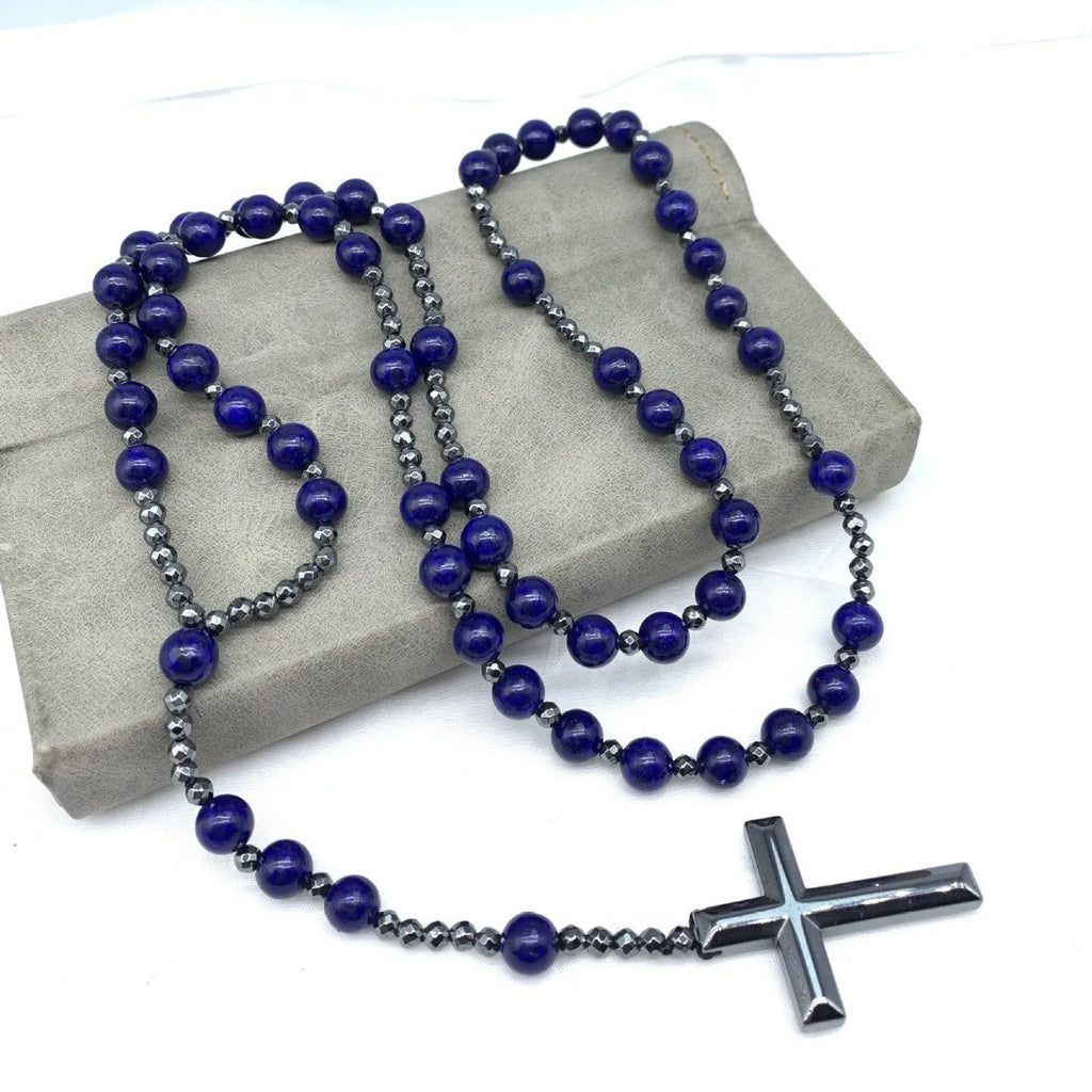 Men's hand-woven stone cross pendant necklace with ball bead chain 80cm unisex geometric design