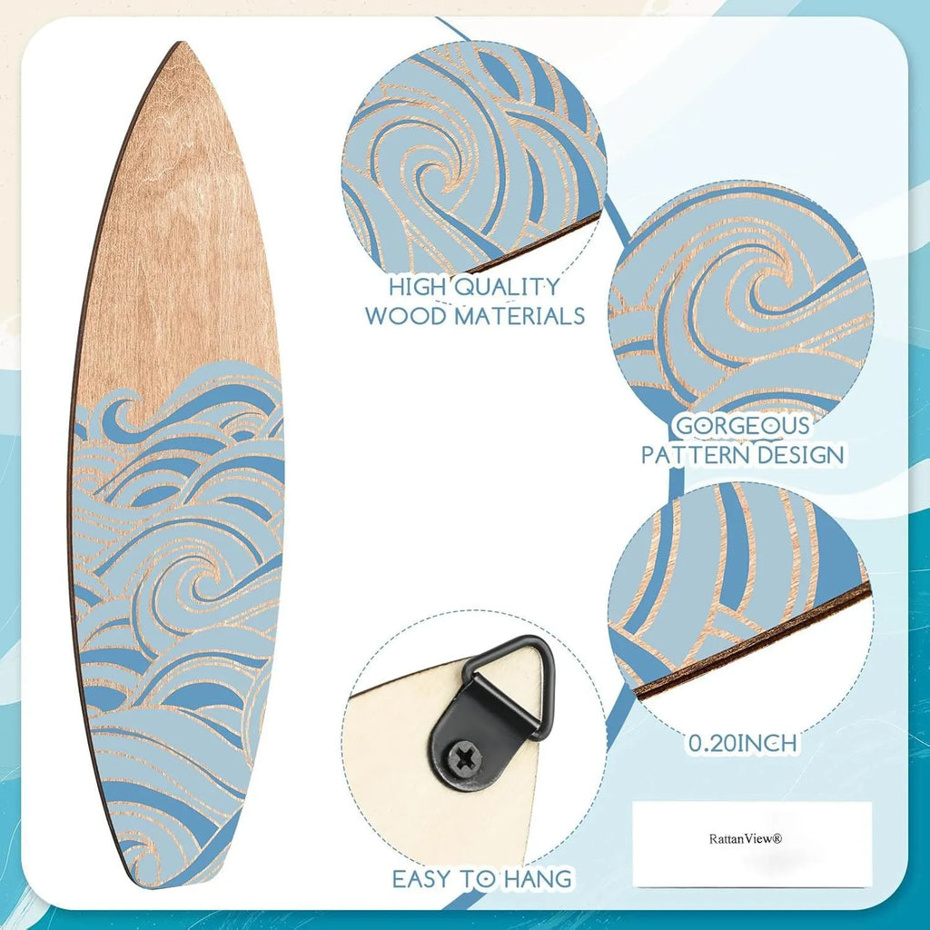 Set of three wooden boxwood surfboard wall decorations, 8.5x30cm each, European style