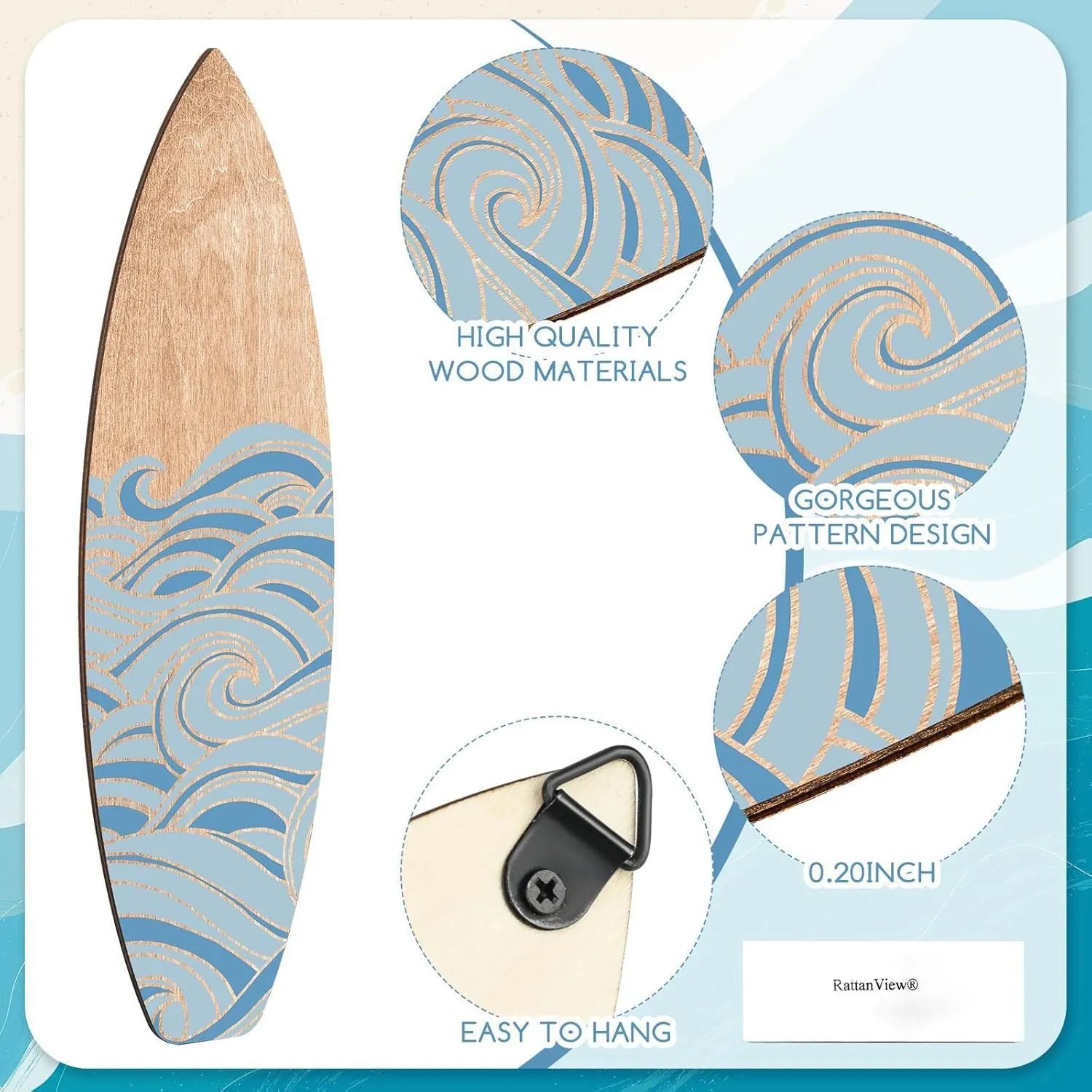 Set of three wooden boxwood surfboard wall decorations, 8.5x30cm each, European style