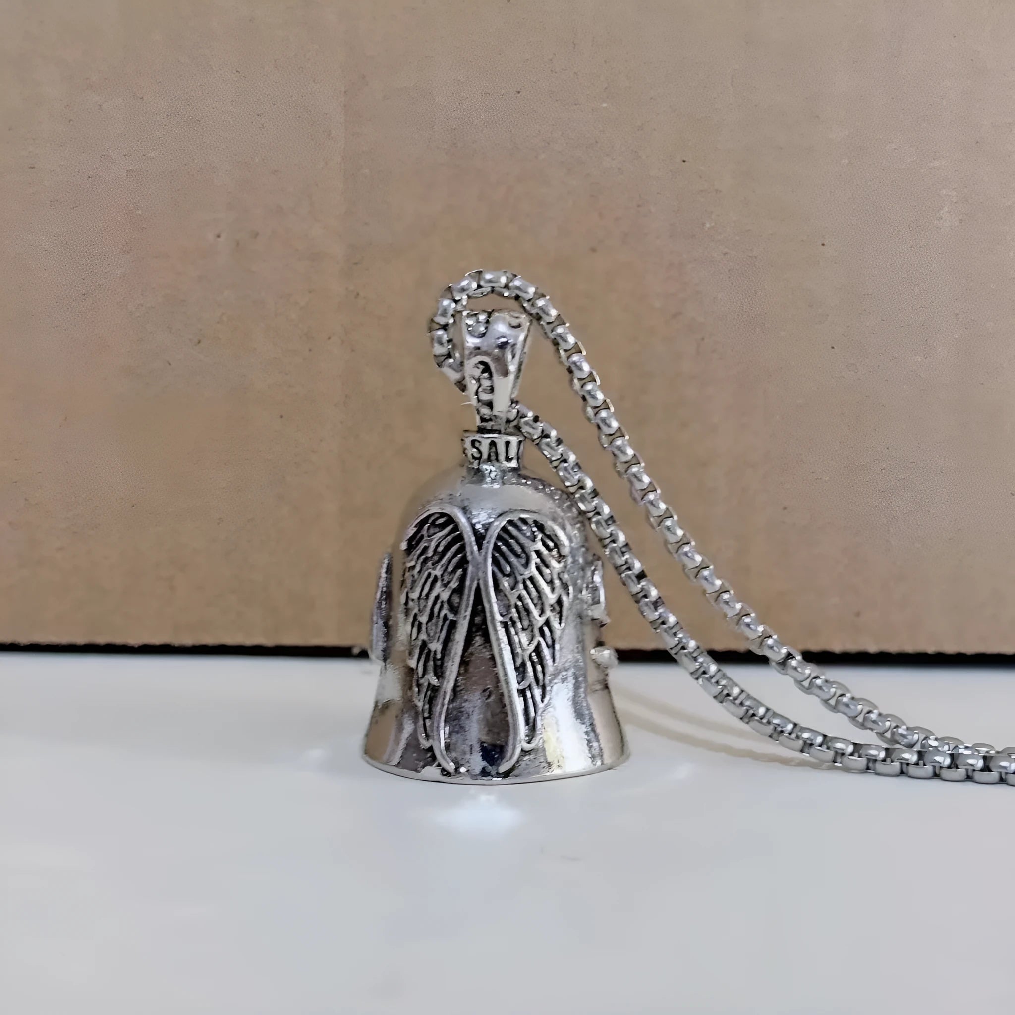 Vintage angel feather necklace and matching keychain set with electroplated white gold tone finish