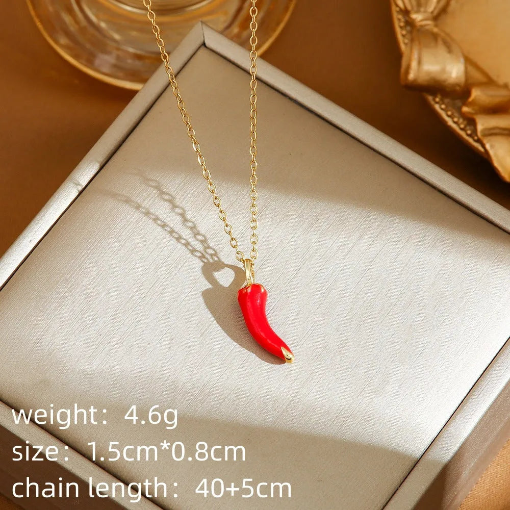 Titanium steel necklace with delicate cherry strawberry pepper charm on O-ring chain
