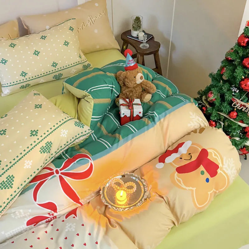 Super soft washed cotton four-piece bedding set with Christmas cartoon pattern