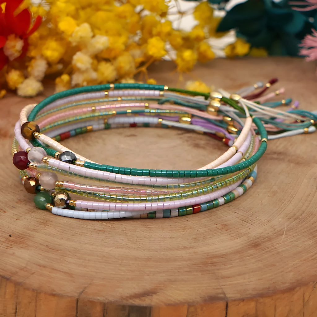 Handmade Bohemian women's bracelet with colourful geometric semi-precious and glass lucky stone beads.