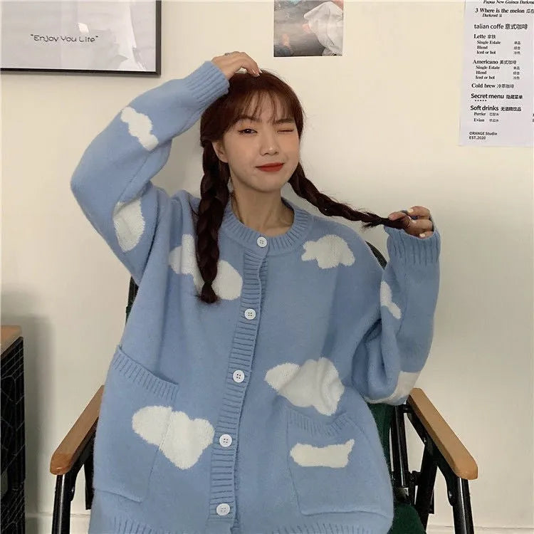 Blue cloud pattern women's spandex cardigan sweater with loose fit and long sleeves