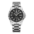 Men's silver stainless steel quartz watch with luminous hands on black or grey strap