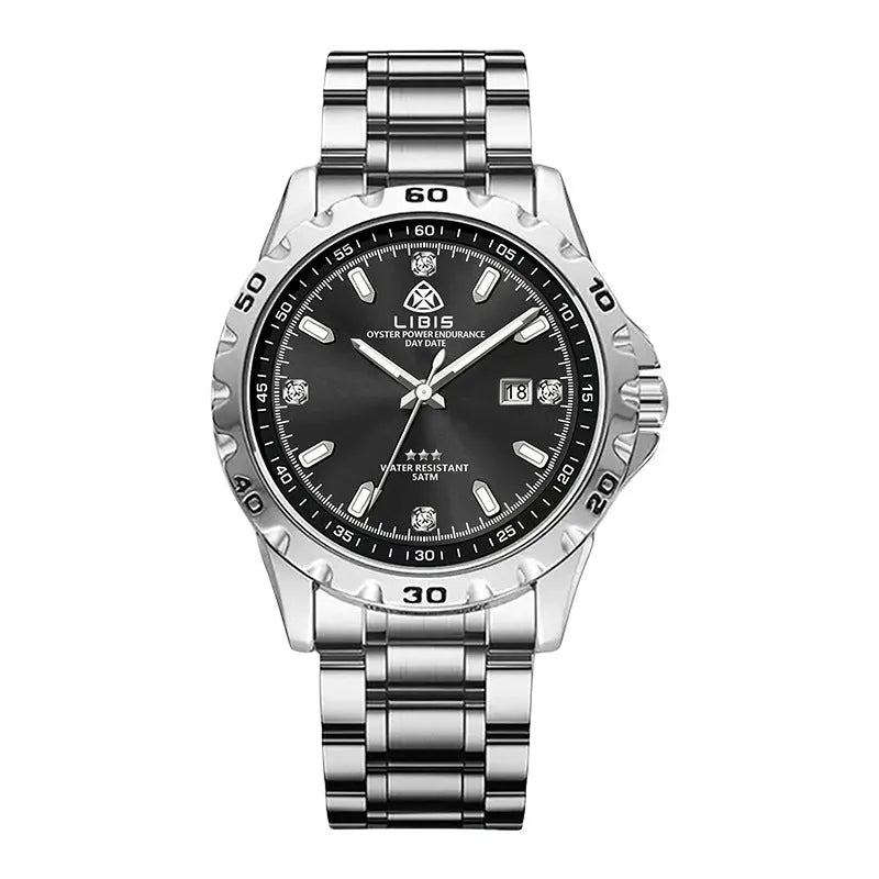 Men's silver stainless steel quartz watch with luminous hands on black or grey strap