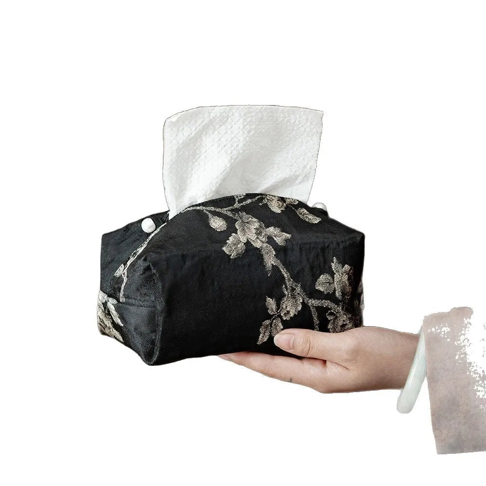 New Chinese style brocade fabric tissue box with embroidered white plum pattern, measuring 17x6.5x10cm