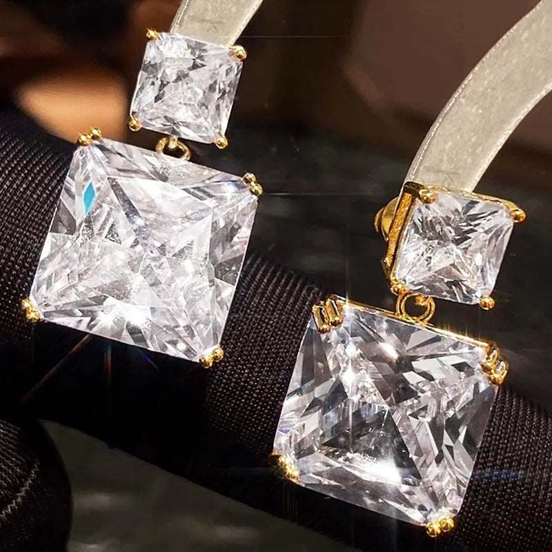 Geometric square design copper earrings with quadrilateral ornament details in white gold or gold colour
