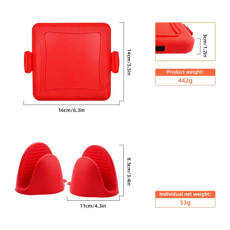 Red silicone baking tray with anti-scald protection and included gloves