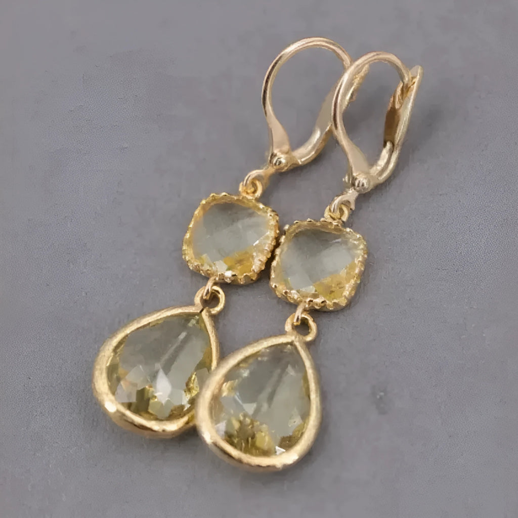 Gold geometric crystal long fringe earrings with water droplet elements and retro European styling