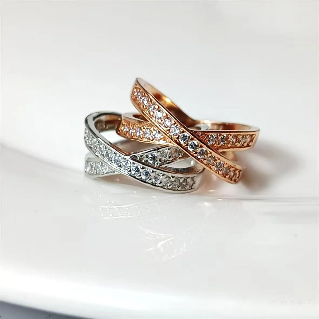 European style metal cross ring with micro-inlaid zircon in silver or rose gold electroplated finish
