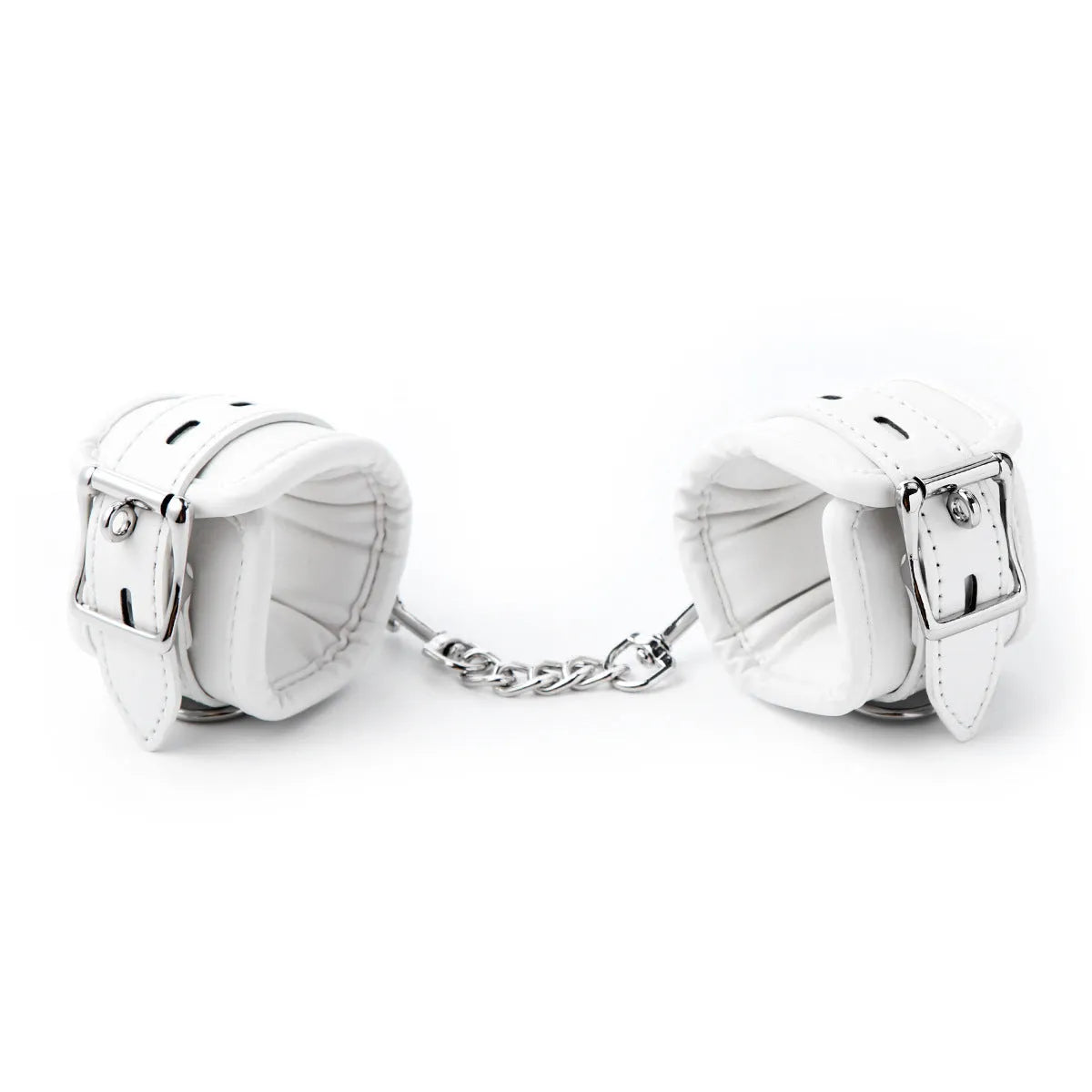 White PU sponge bondage set showing handcuffs, footcuffs and neck scarf for comfortable restraint accessories