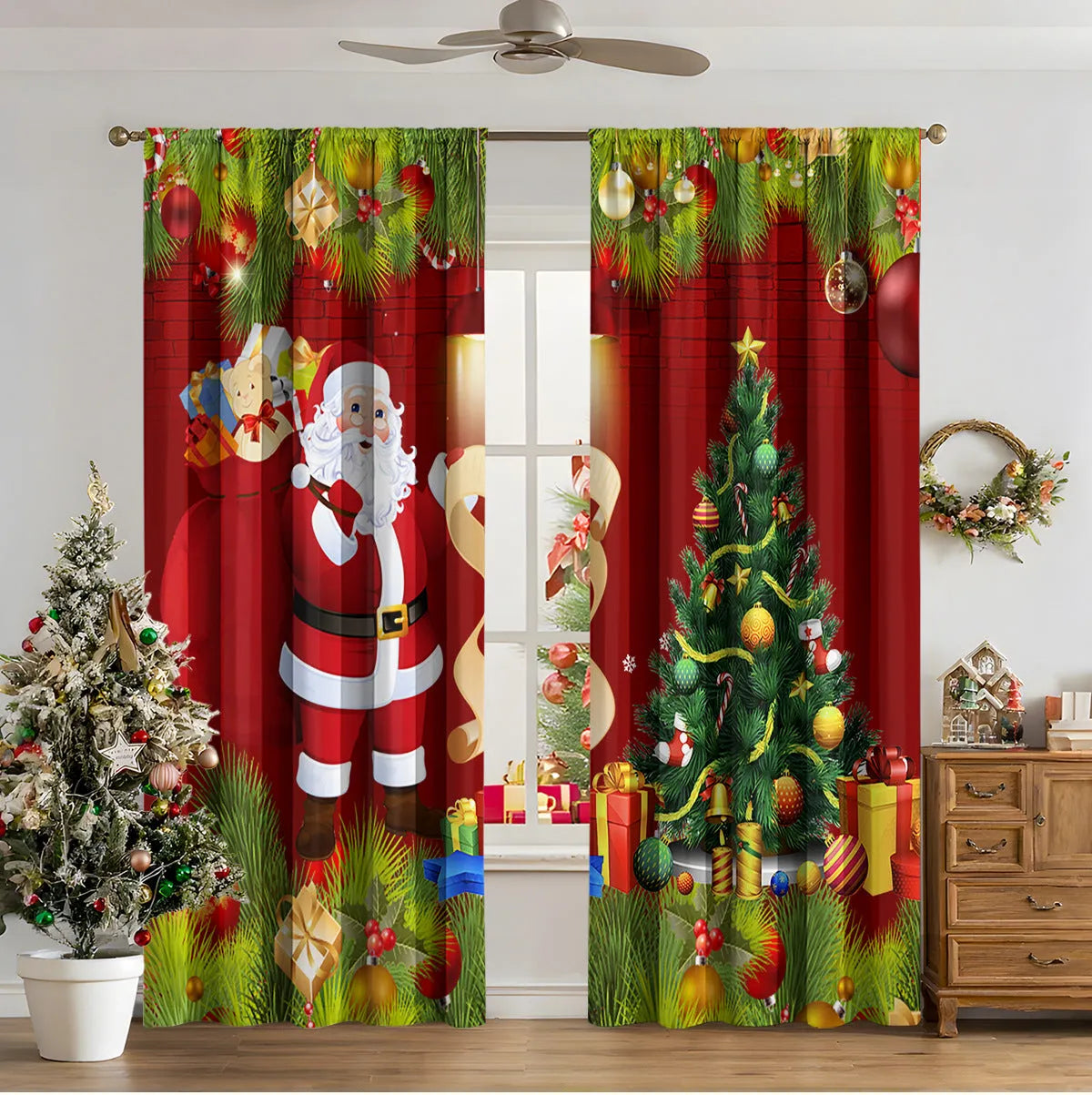 Pair of 3D digitally printed Christmas curtains in a modern European style pattern, hanging at a window.