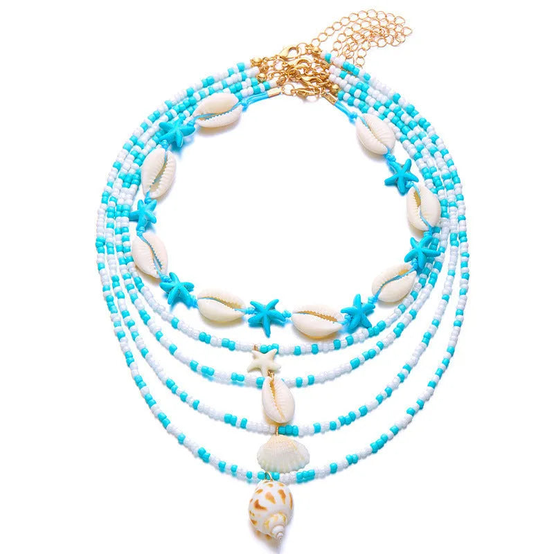 Five multi-layer women's necklaces with shell, starfish and conch beads on adjustable chains