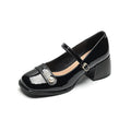 French style chunky heel ankle boots with patent leather upper, square toe, and buckle fastening