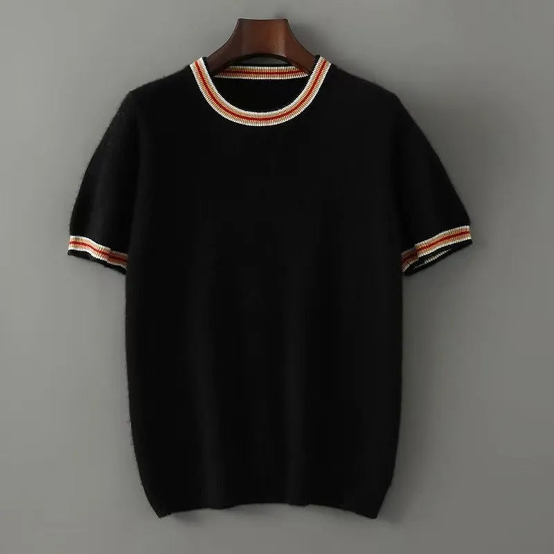 Men's pure wool short sleeve sweater with round neck in grey showing standard knit texture
