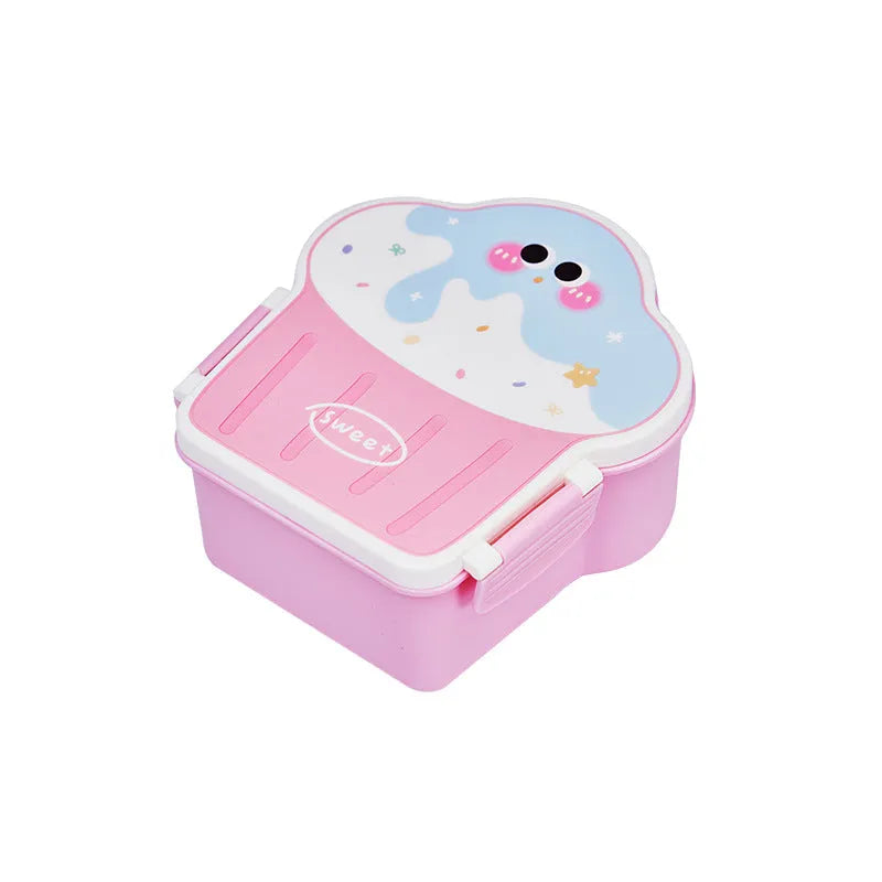 Pink and blue creative ice cream shaped plastic lunch box with spoon and fork on a table.