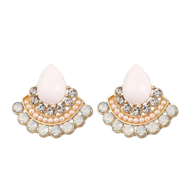 Women's retro geometric fan-shaped rhinestone earrings with silver colour finish and opal decorative elements