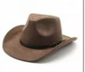 Brown leather velvet curved edge Western cowboy hat with a conical crown on a stand.