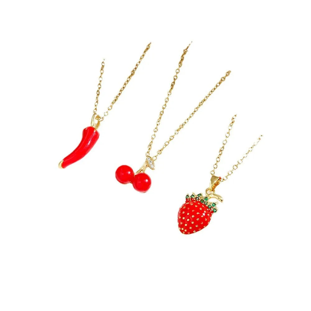 Titanium steel necklace with delicate cherry strawberry pepper charm on O-ring chain